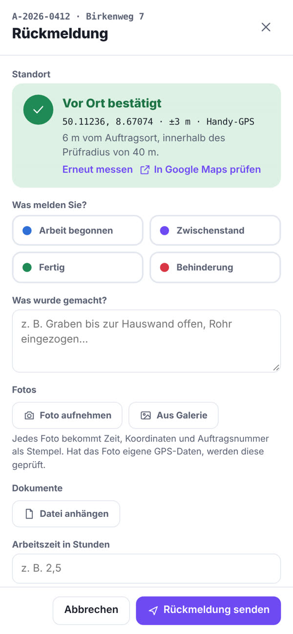 Rückmeldung mit GPS-Prüfung